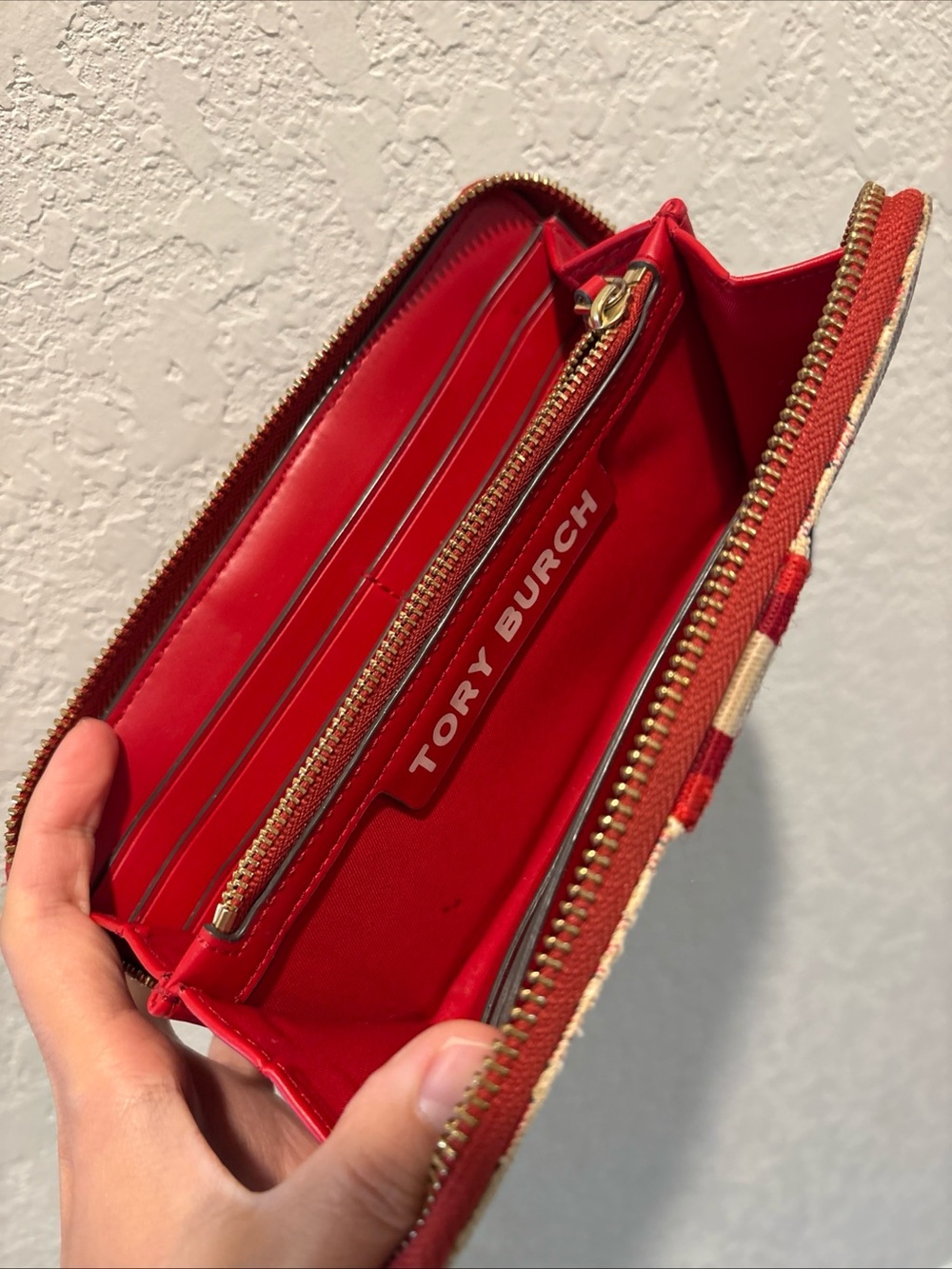 Tory Burch Striped Pattern Zip Wallet - Red & Cream - Picture 2 of 15